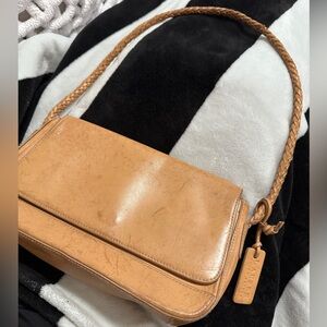 Vintage Ralph Lauren Tan camel brown Leather shoulder Bag braided strap rectangl